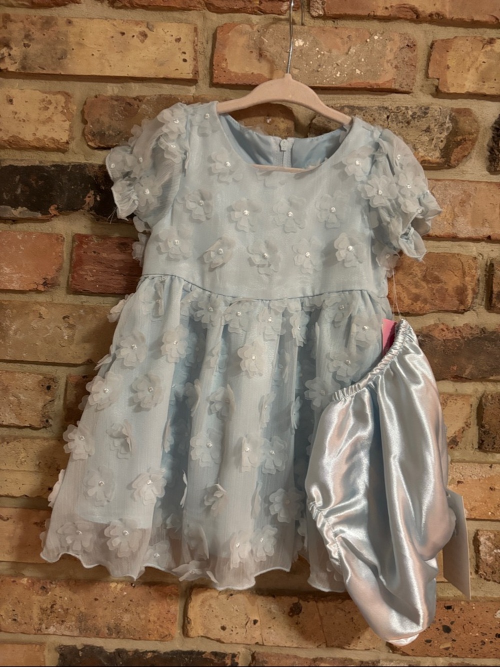 Rare Editions Light Blue Floral Appliqué Dress with Satin Lining